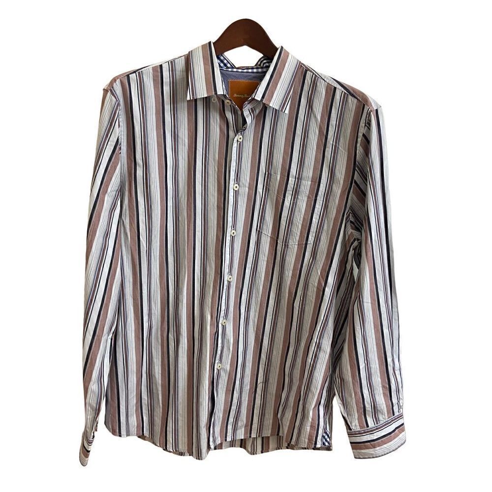 Tommy Bahama Striped Long Sleeve Button Down Dress Shirt White Burgundy Navy XL